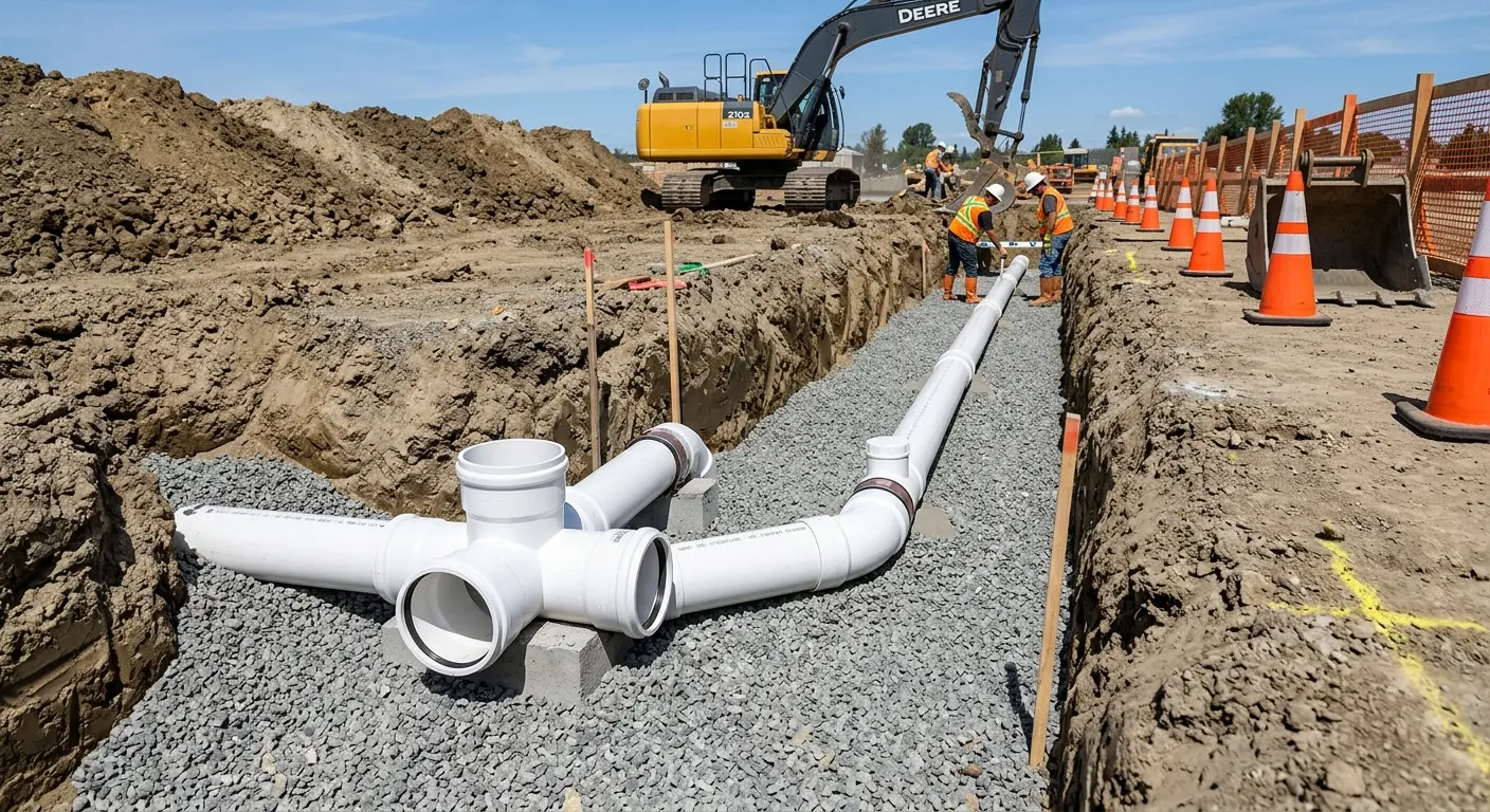 New PVC sewer pipe installation in open trench for Commercial Drain Cleaning in Lake Elsinore