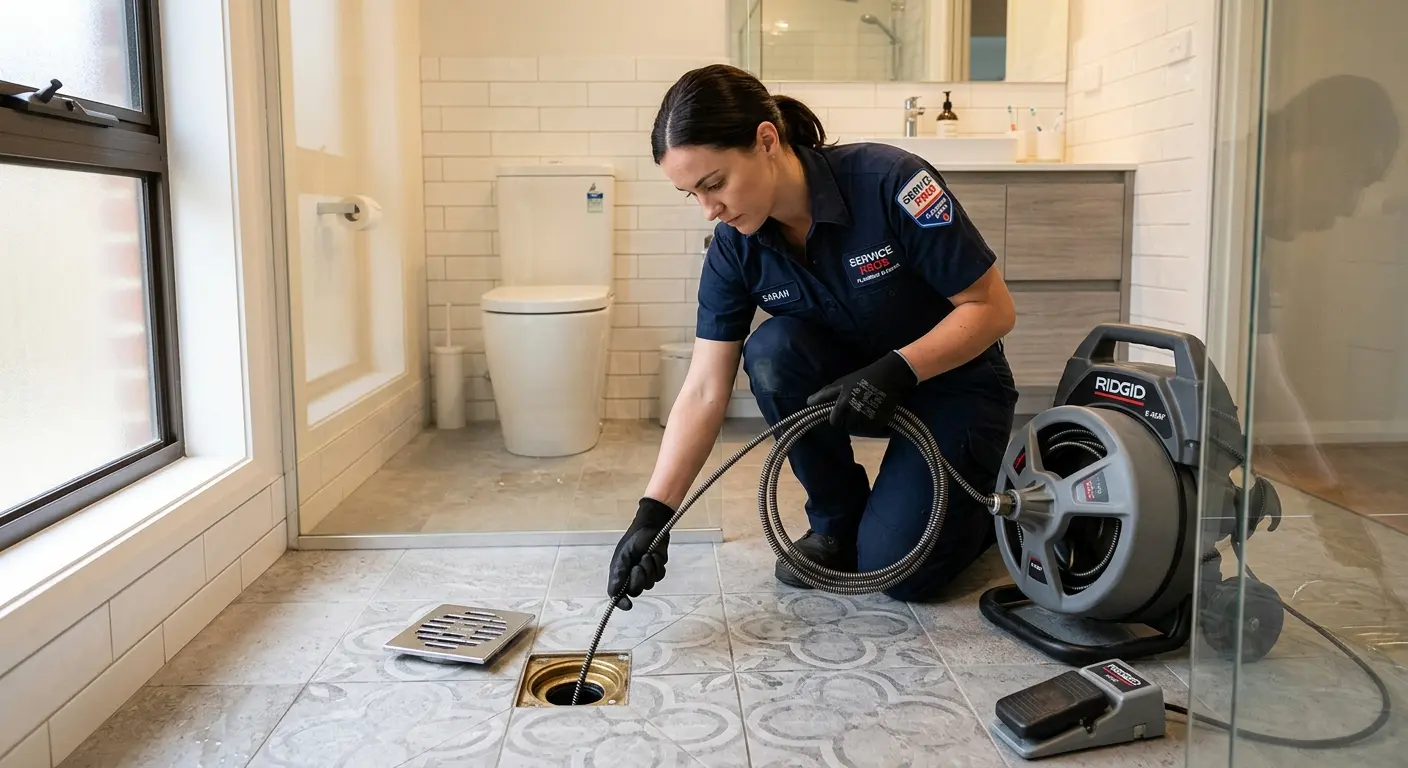 Technician clearing a bathroom floor drain for Hydro Jetting in Lake Elsinore